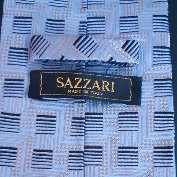 Sazzari Pastel Blue w/ Navy Line Squares Repeating Pattern 100% Silk Tie - Picture 7 of 11